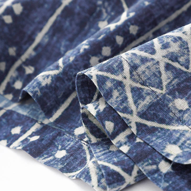 Blue Stripes Print Cotton Linen Wide Leg Pants With Pockets