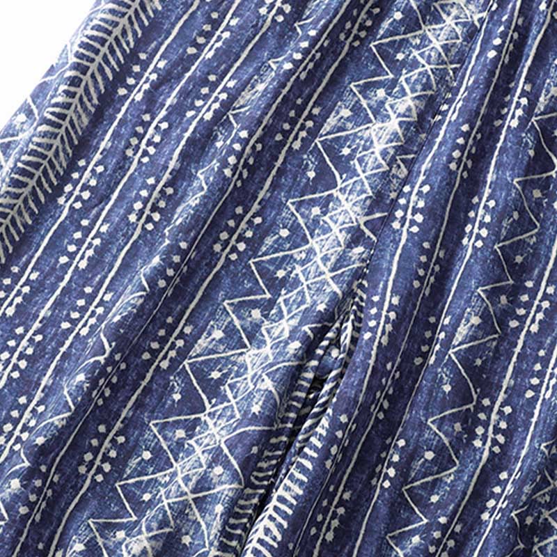Blue Stripes Print Cotton Linen Wide Leg Pants With Pockets