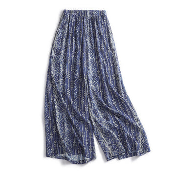 Blue Stripes Print Cotton Linen Wide Leg Pants With Pockets