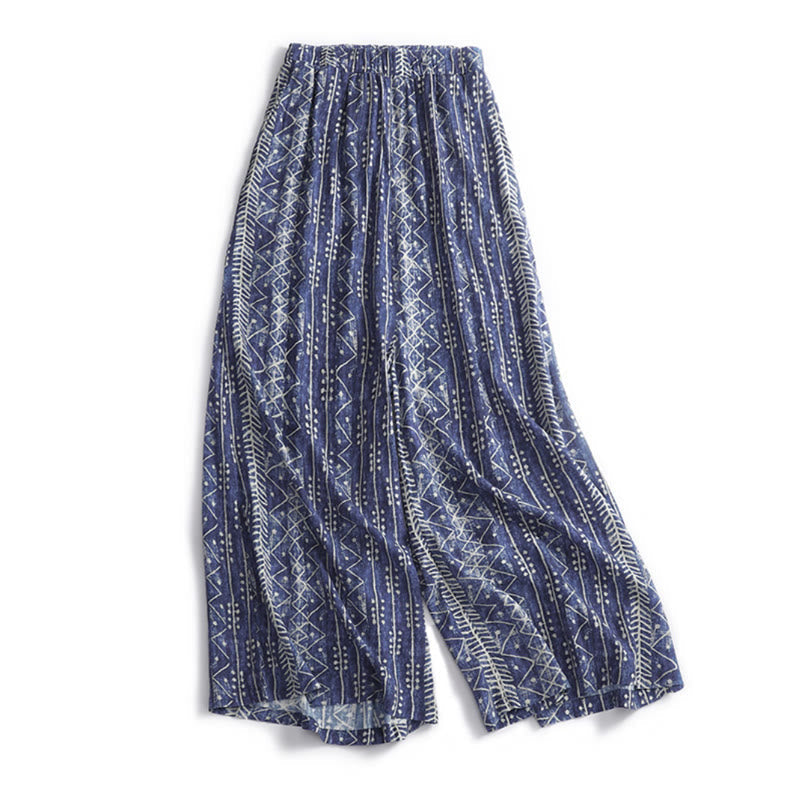Blue Stripes Print Cotton Linen Wide Leg Pants With Pockets