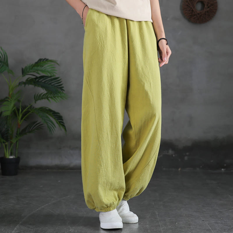 Ramie Linen Gathered-Ankle Meditation Harem Pants