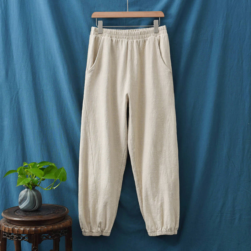 Ramie Linen Gathered-Ankle Meditation Harem Pants