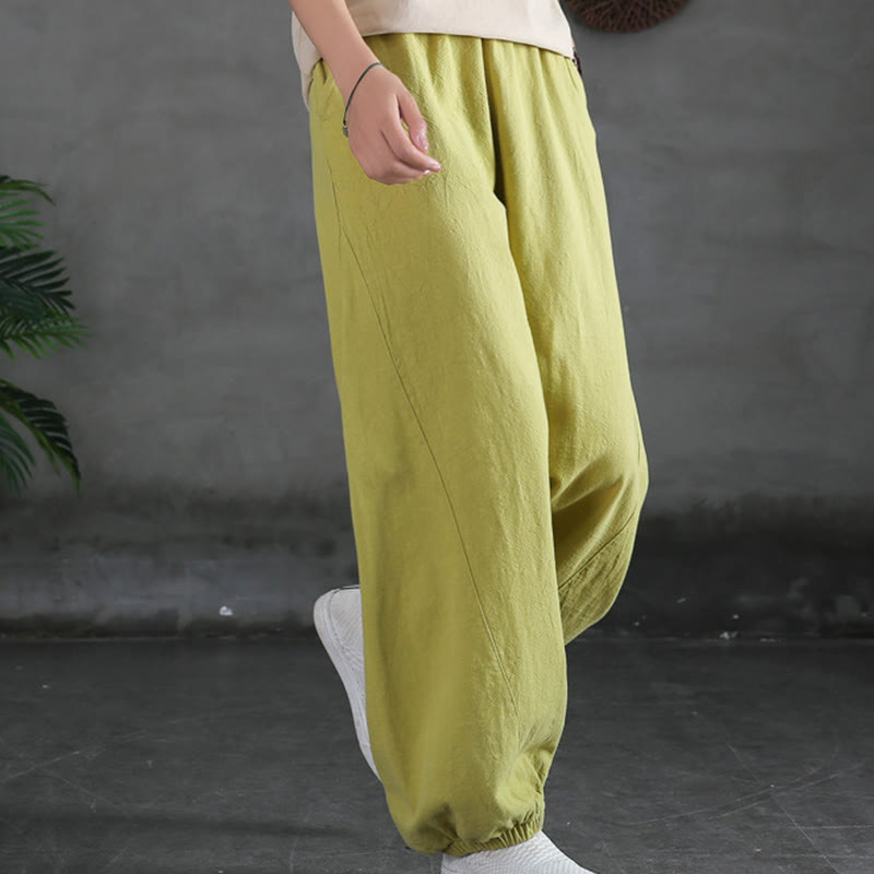 Ramie Linen Gathered-Ankle Meditation Harem Pants