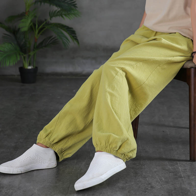Ramie Linen Gathered-Ankle Meditation Harem Pants