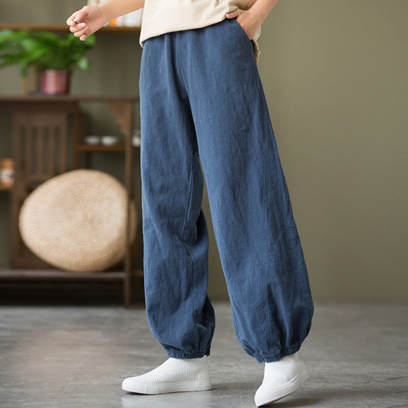 Ramie Linen Gathered-Ankle Meditation Harem Pants