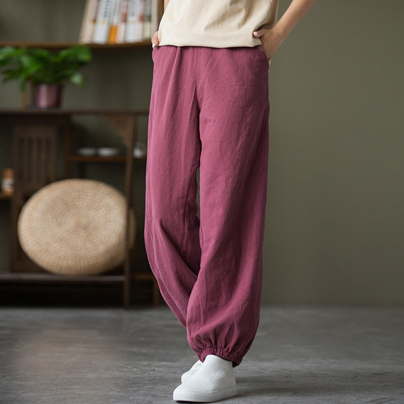 Ramie Linen Gathered-Ankle Meditation Harem Pants