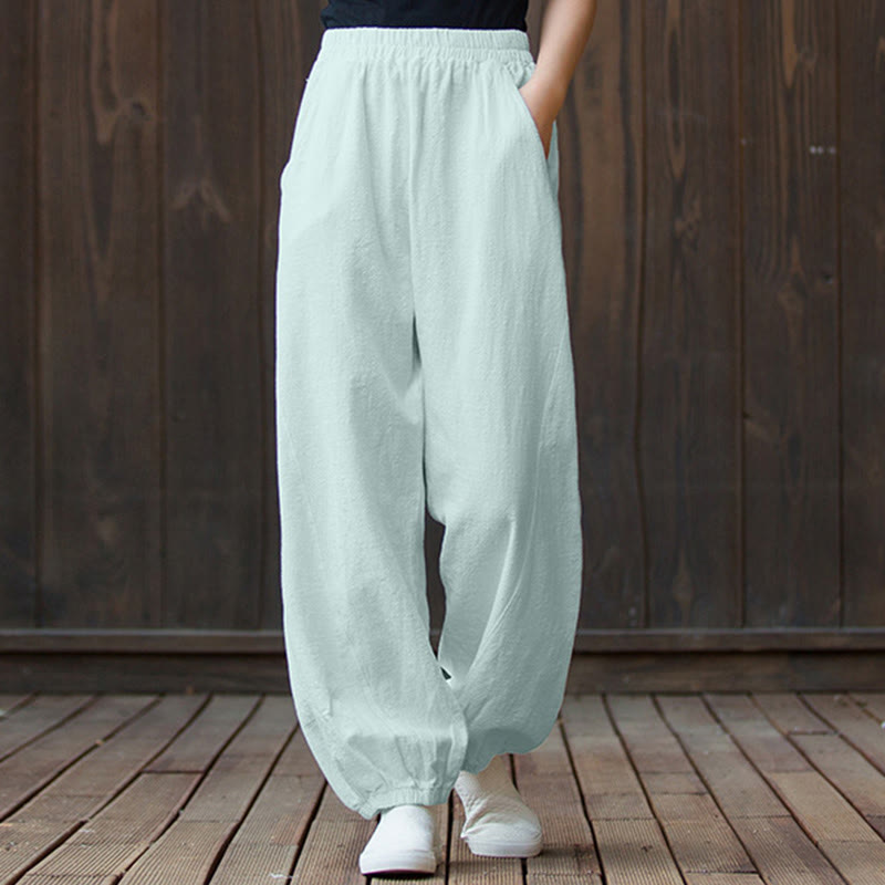 Ramie Linen Gathered-Ankle Meditation Harem Pants