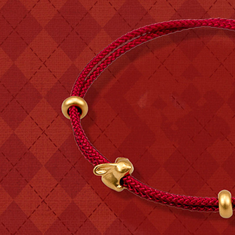 999 Gold Small Lucky Rabbit Osmanthus Design Handmade Luck Braided Rope Bracelet