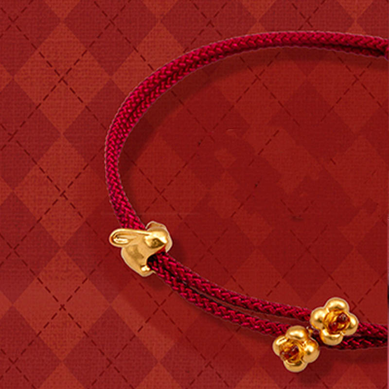 999 Gold Small Lucky Rabbit Osmanthus Design Handmade Luck Braided Rope Bracelet