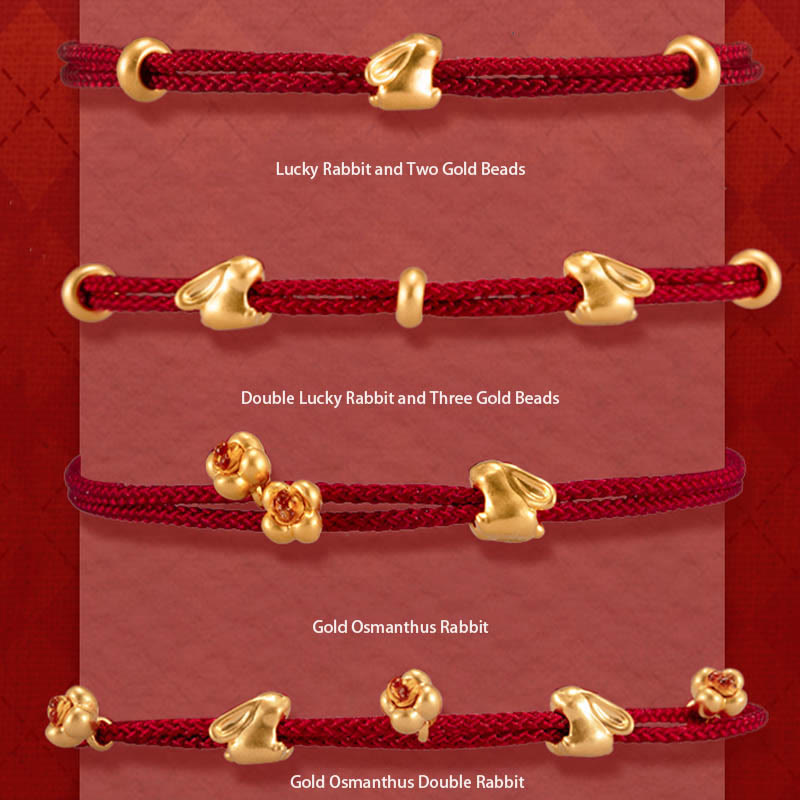 999 Gold Small Lucky Rabbit Osmanthus Design Handmade Luck Braided Rope Bracelet
