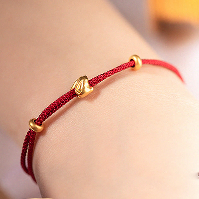 999 Gold Small Lucky Rabbit Osmanthus Design Handmade Luck Braided Rope Bracelet