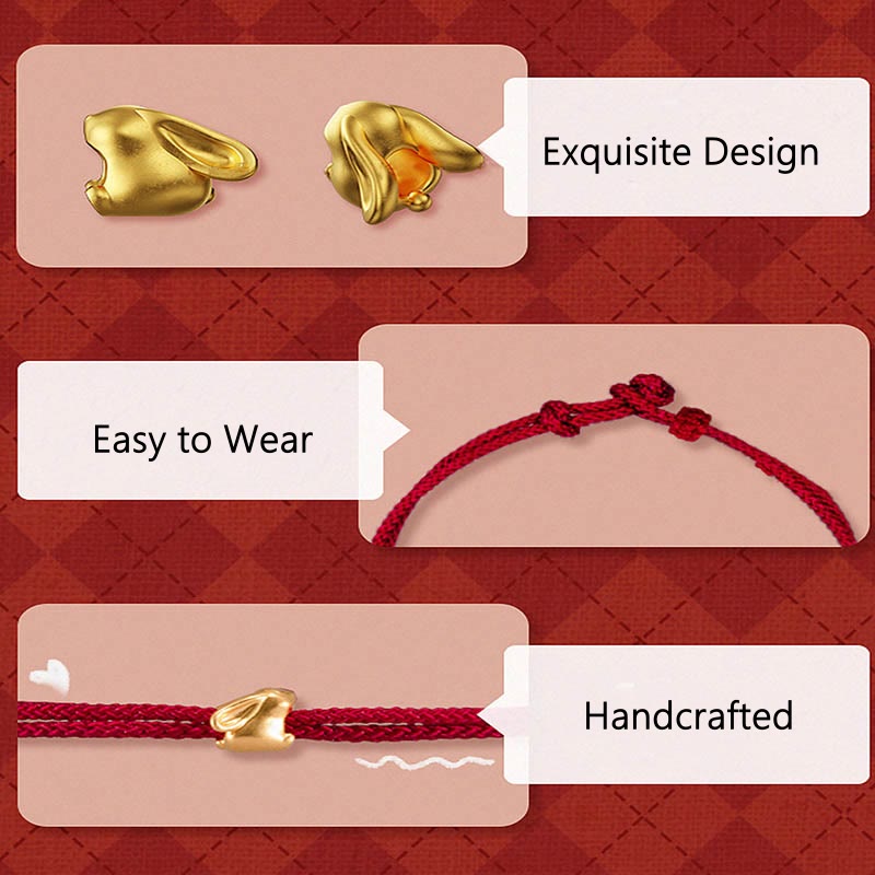 999 Gold Small Lucky Rabbit Osmanthus Design Handmade Luck Braided Rope Bracelet