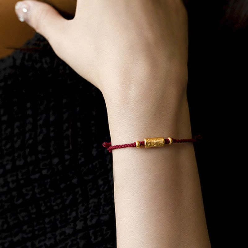 Handmade 24K Gold Carved Amulet Braided Red String Bracelet