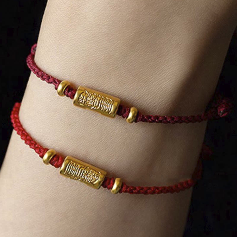 Handmade 24K Gold Carved Amulet Braided Red String Bracelet