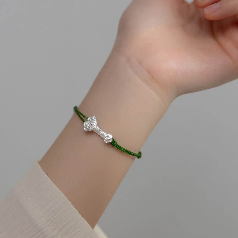 Handmade 999 Fine Silver Fu Ruyi Handle Braided Green Rope Bracelet