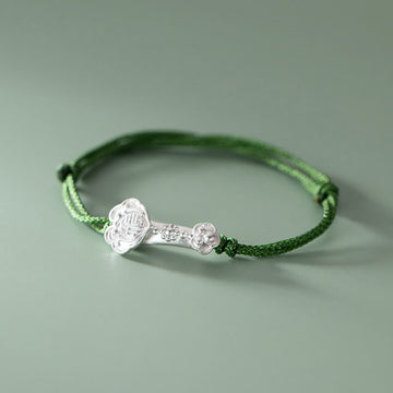 Handmade 999 Fine Silver Fu Ruyi Handle Braided Green Rope Bracelet