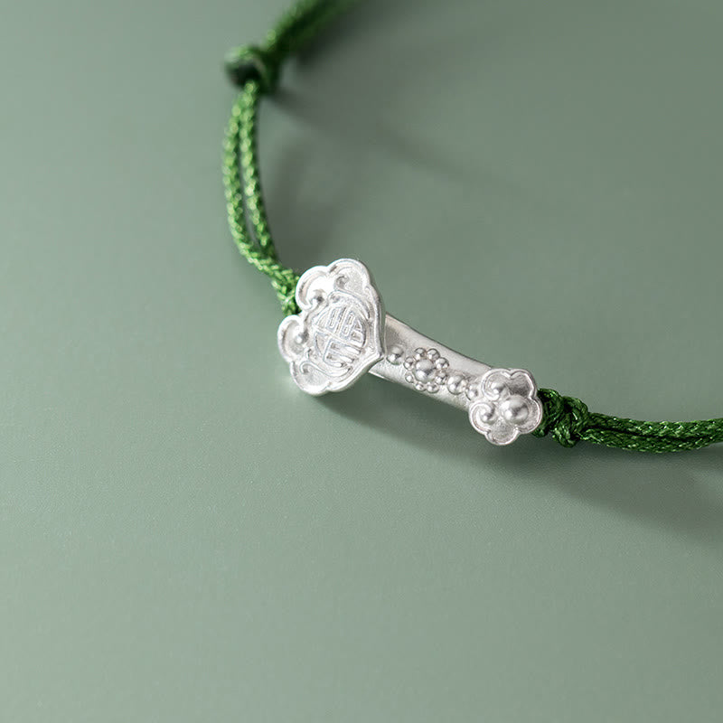 Handmade 999 Fine Silver Fu Ruyi Handle Braided Green Rope Bracelet