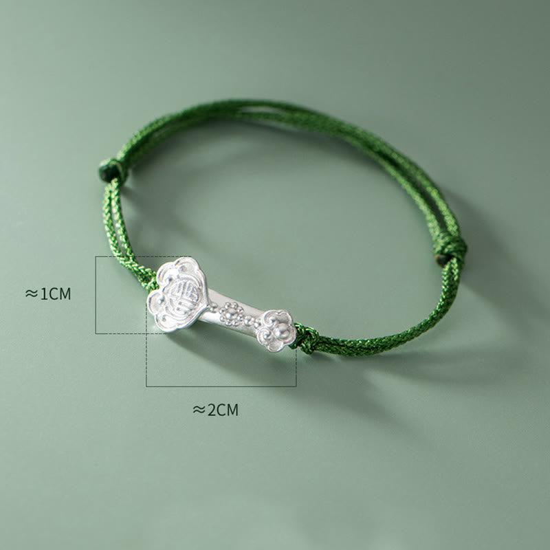 Handmade 999 Fine Silver Fu Ruyi Handle Braided Green Rope Bracelet