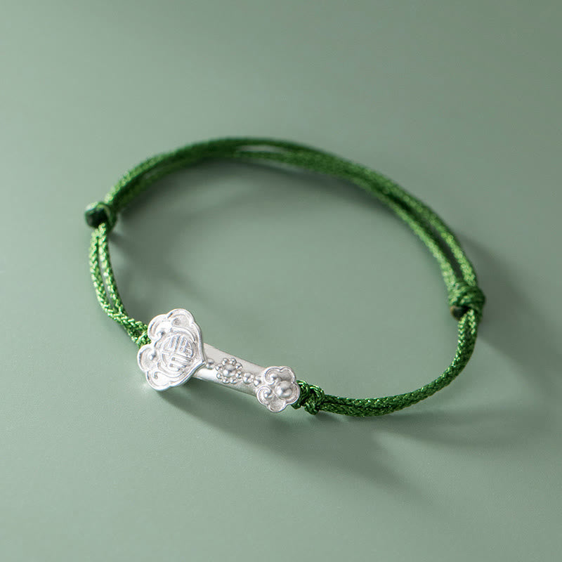 Handmade 999 Fine Silver Fu Ruyi Handle Braided Green Rope Bracelet