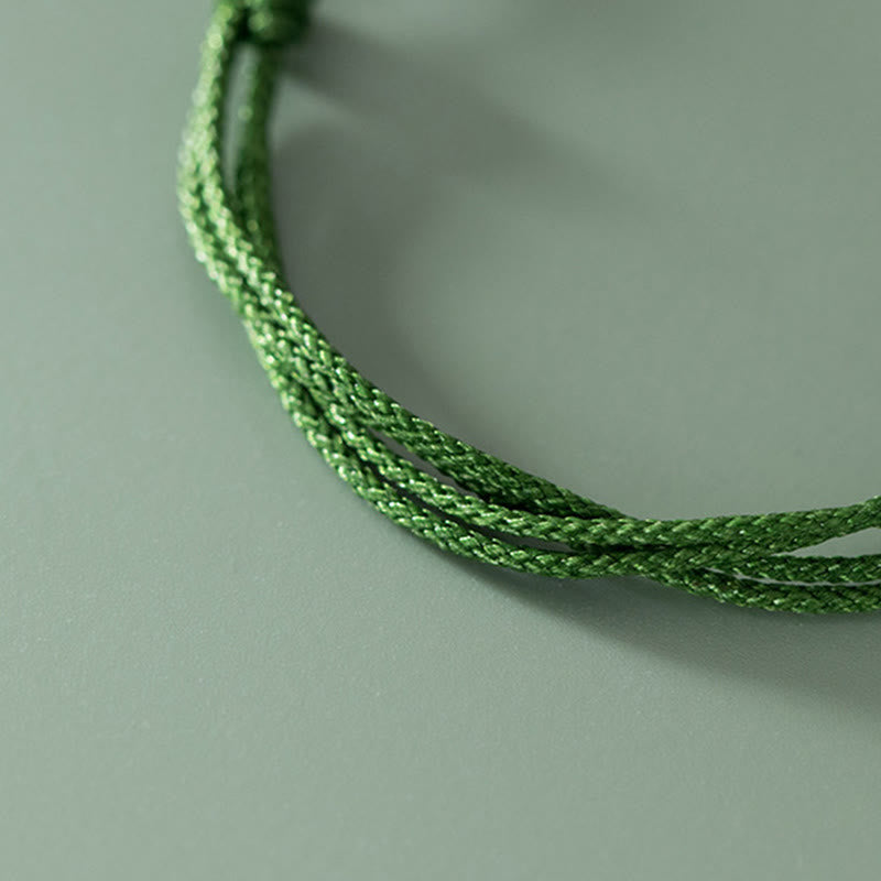 Handmade 999 Fine Silver Fu Ruyi Handle Braided Green Rope Bracelet