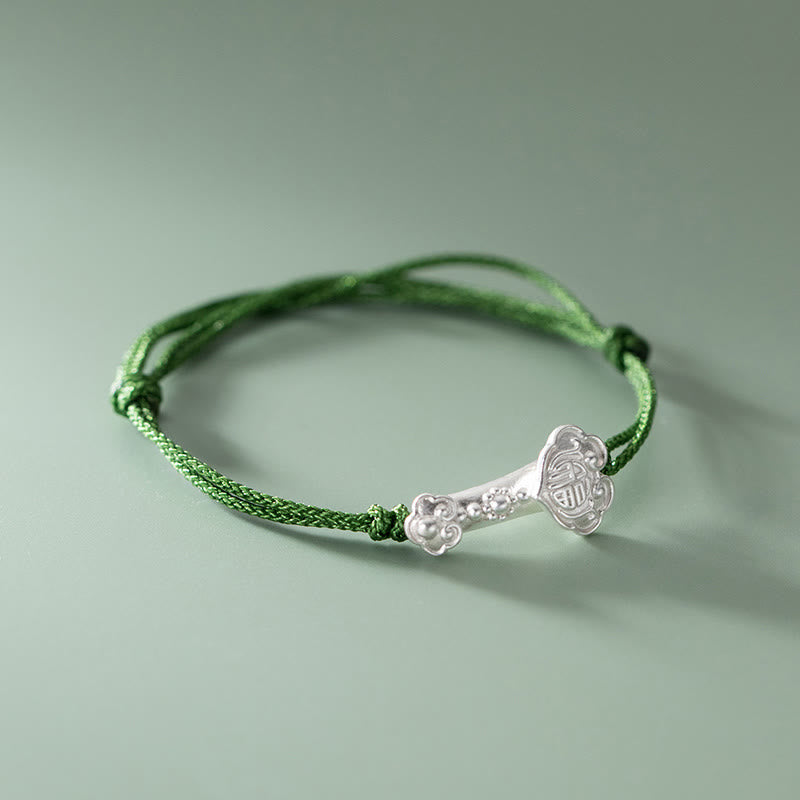 Handmade 999 Fine Silver Fu Ruyi Handle Braided Green Rope Bracelet