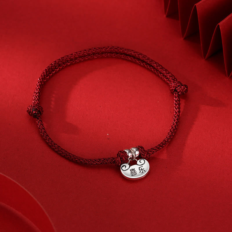 Handcrafted 925 Sterling Silver Longevity Lock Red String Braided Cord Bracelet