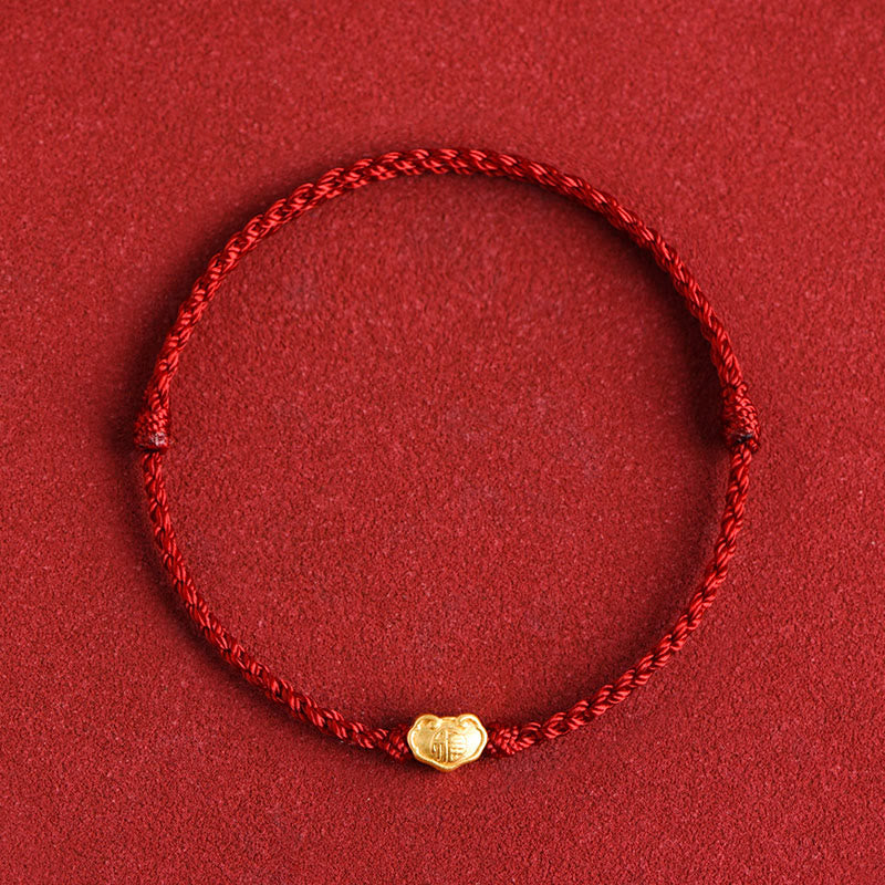 999 Gold Chinese Lock Charm Fu Character Protection Handmade Rope Bracelet