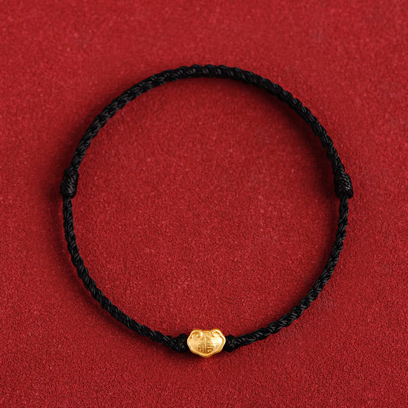 999 Gold Chinese Lock Charm Fu Character Protection Handmade Rope Bracelet