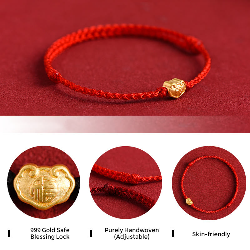 999 Gold Chinese Lock Charm Fu Character Protection Handmade Rope Bracelet