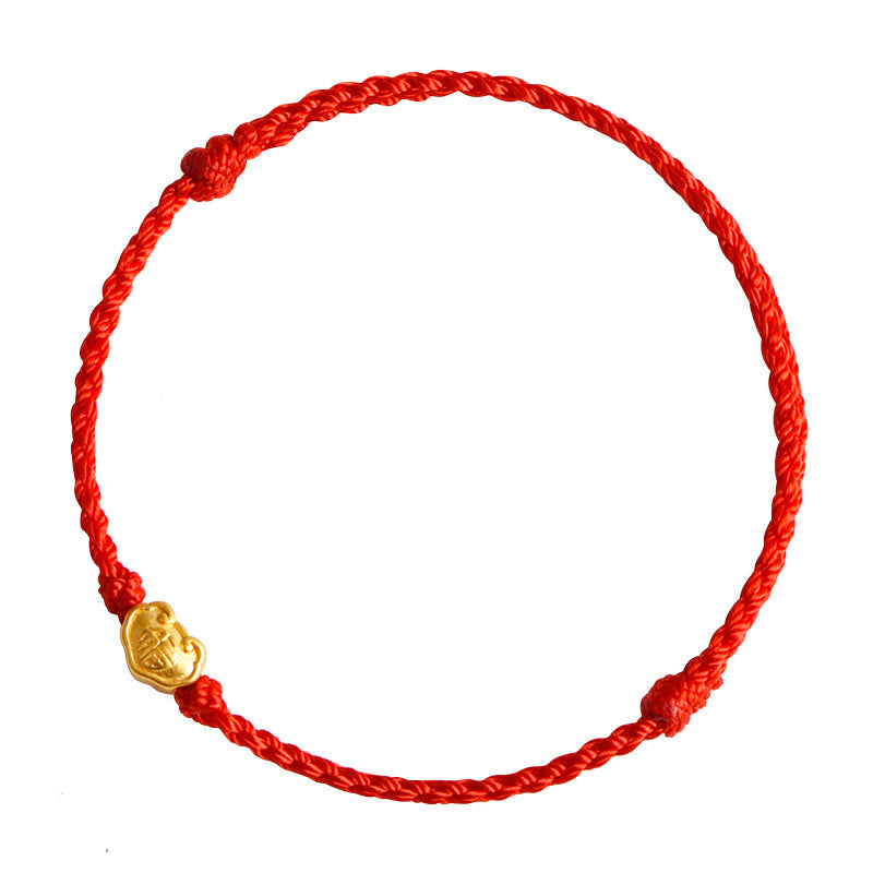 999 Gold Chinese Lock Charm Fu Character Protection Handmade Rope Bracelet