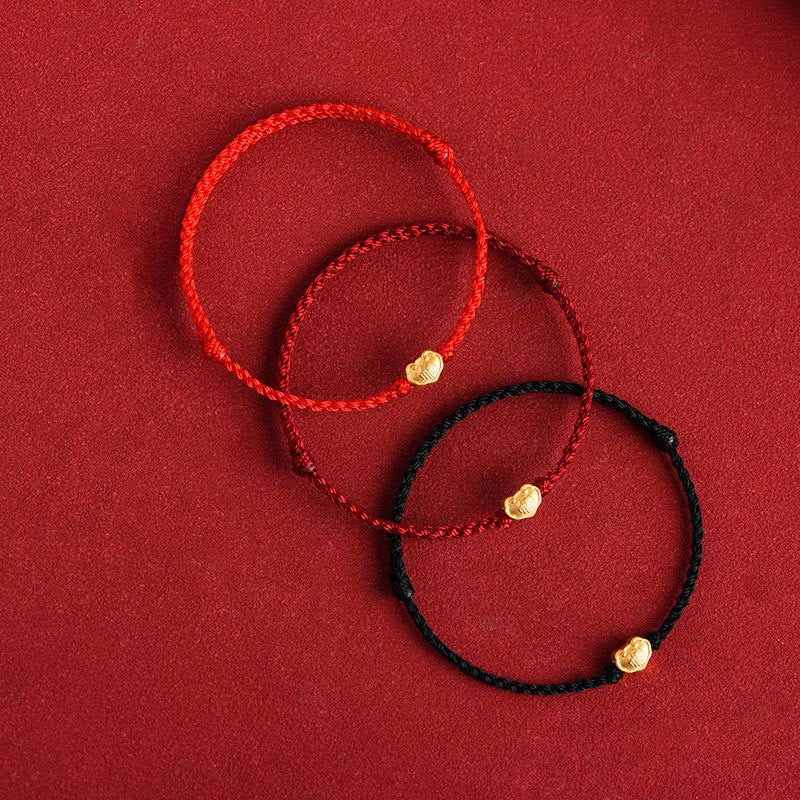 999 Gold Chinese Lock Charm Fu Character Protection Handmade Rope Bracelet