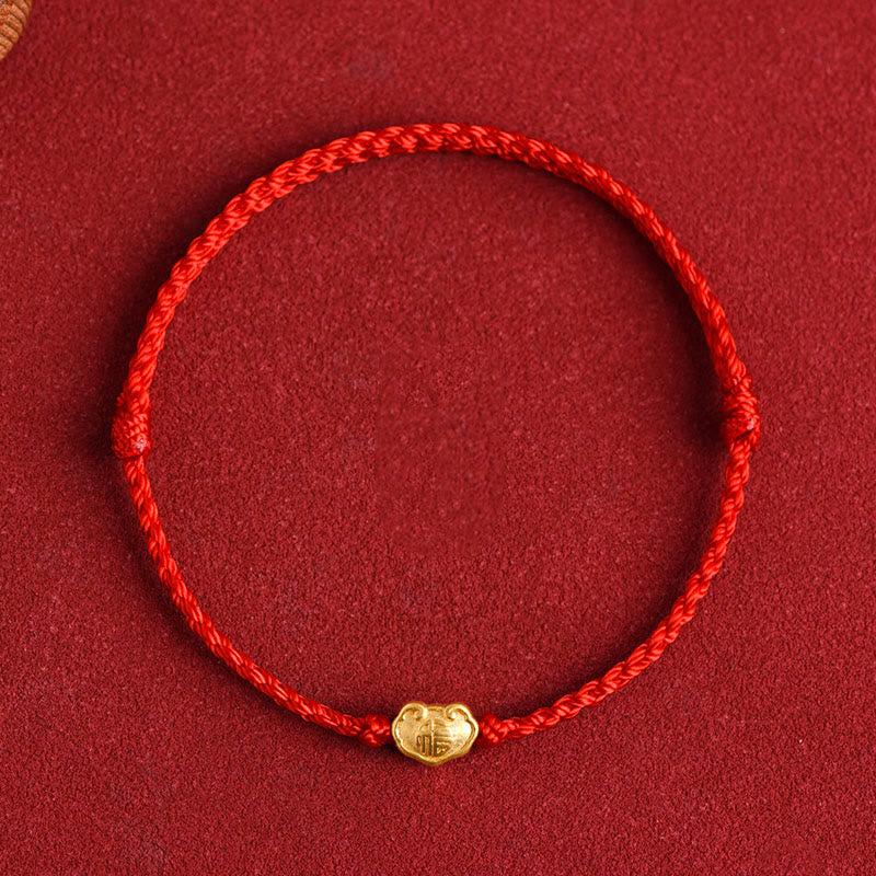 999 Gold Chinese Lock Charm Fu Character Protection Handmade Rope Bracelet