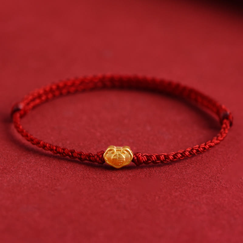 999 Gold Chinese Lock Charm Fu Character Protection Handmade Rope Bracelet