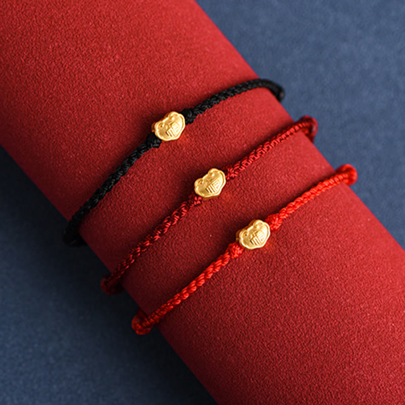 999 Gold Chinese Lock Charm Fu Character Protection Handmade Rope Bracelet