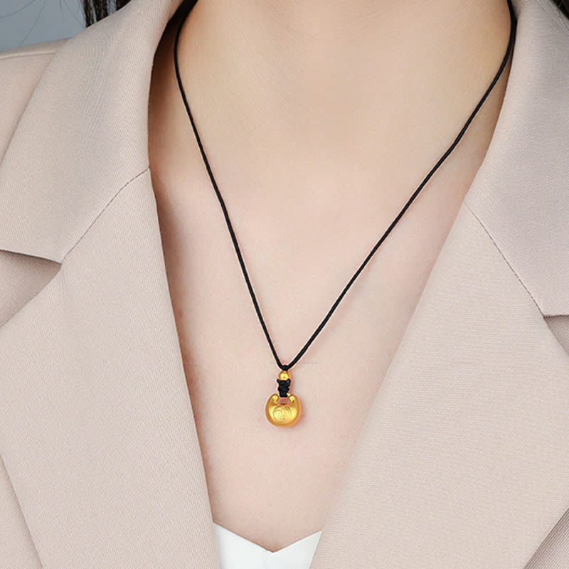 999 Gold Fu Character Wish Lock Pattern Luck Rope Necklace Pendant