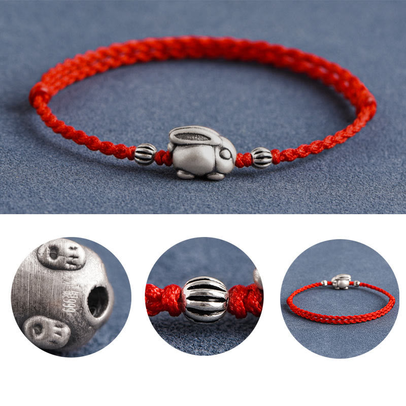 Handmade 999 Sterling Silver Rabbit Luck Rope Bracelet Anklet