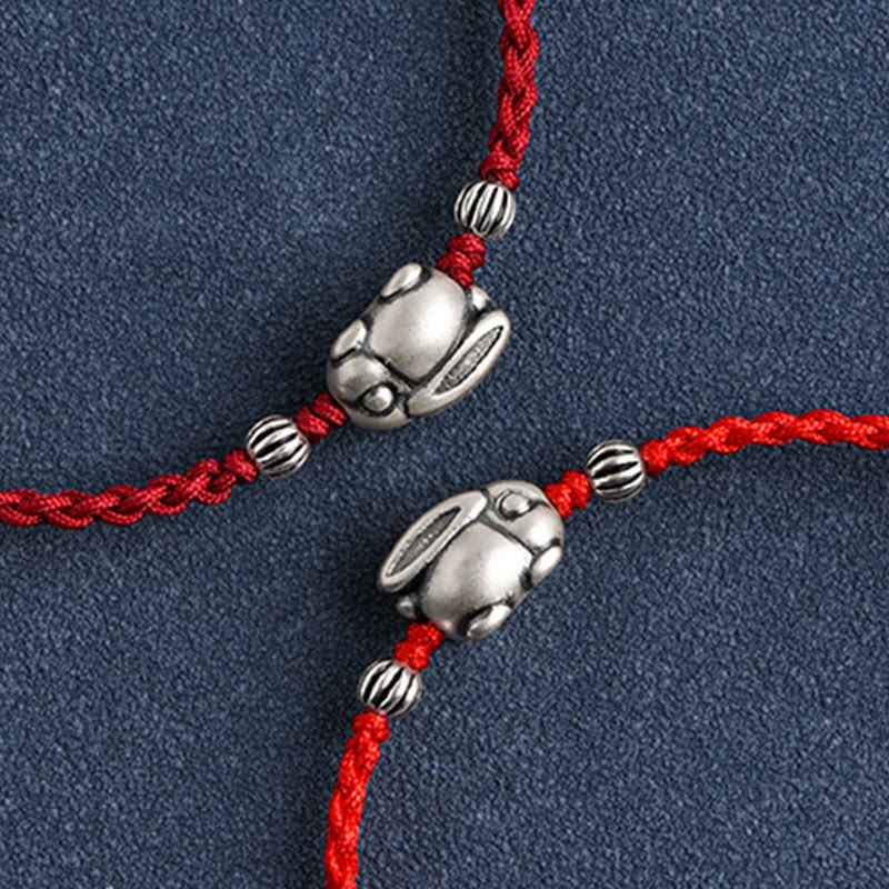 Handmade 999 Sterling Silver Rabbit Luck Rope Bracelet Anklet