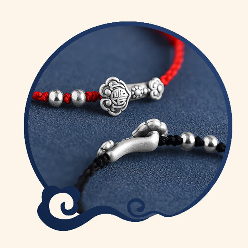Handmade 999 Sterling Silver Fu Ruyi Charm Red String Bracelet Anklet