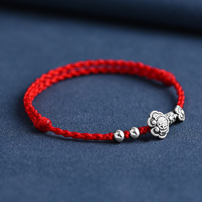 Handmade 999 Sterling Silver Fu Ruyi Charm Red String Bracelet Anklet