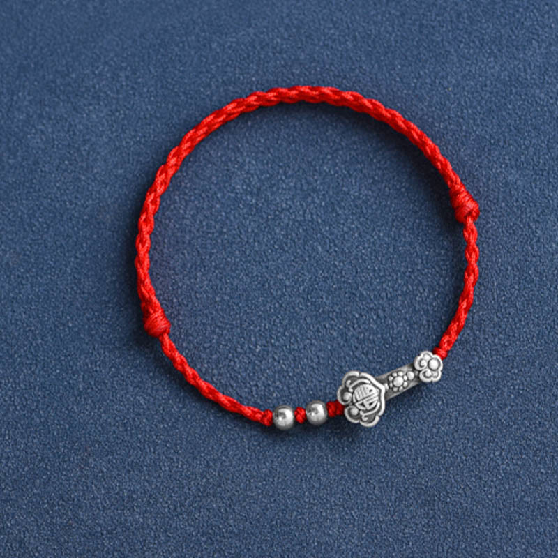 Handmade 999 Sterling Silver Fu Ruyi Charm Red String Bracelet Anklet