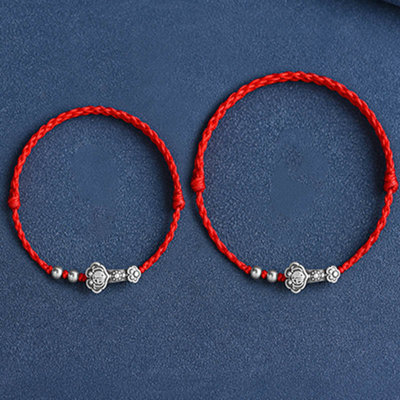 Handmade 999 Sterling Silver Fu Ruyi Charm Red String Bracelet Anklet