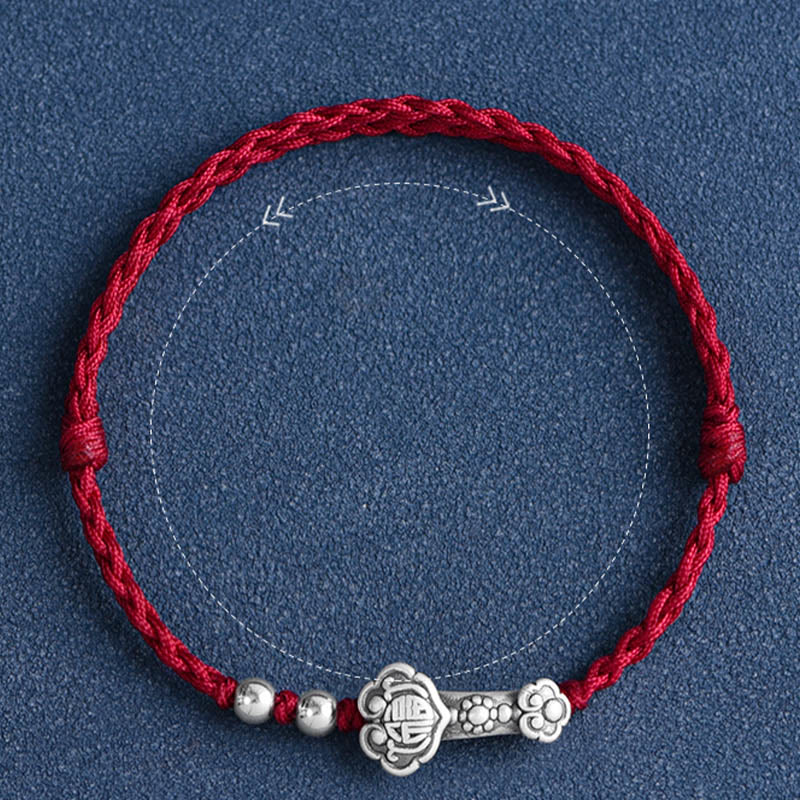 Handmade 999 Sterling Silver Fu Ruyi Charm Red String Bracelet Anklet