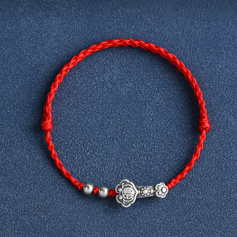 Handmade 999 Sterling Silver Fu Ruyi Charm Red String Bracelet Anklet