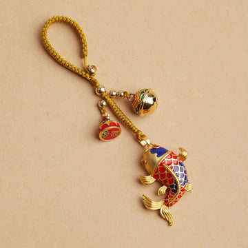 Vibrant Koi Fish and Hollow Ritual Bell Colorful Keychain Pendant