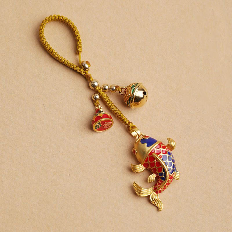 Vibrant Koi Fish and Hollow Ritual Bell Colorful Keychain Pendant