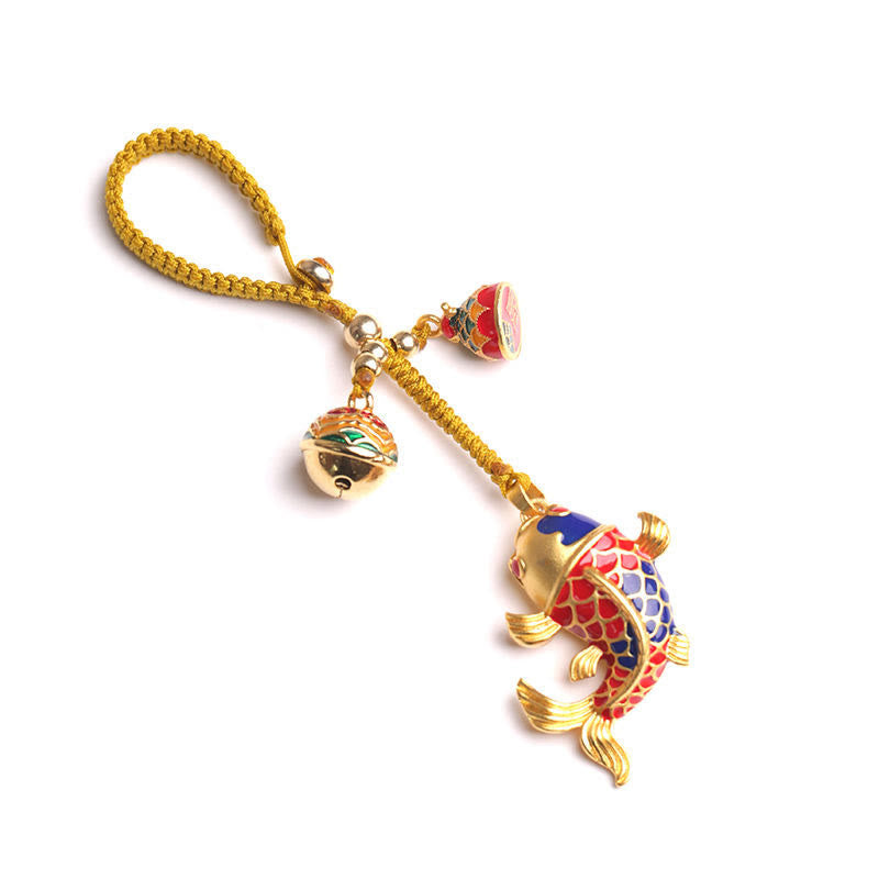 Vibrant Koi Fish and Hollow Ritual Bell Colorful Keychain Pendant