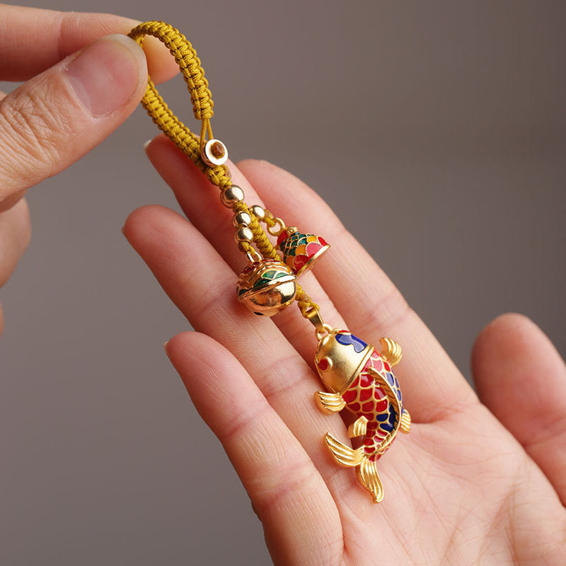 Vibrant Koi Fish and Hollow Ritual Bell Colorful Keychain Pendant