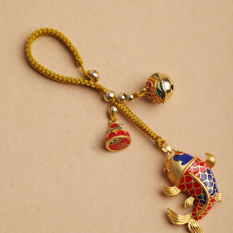 Vibrant Koi Fish and Hollow Ritual Bell Colorful Keychain Pendant