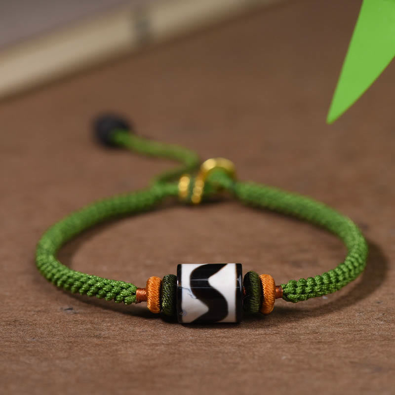 Handmade Tibetan Agate Dzi Bead Braided Green Rope Bracelet