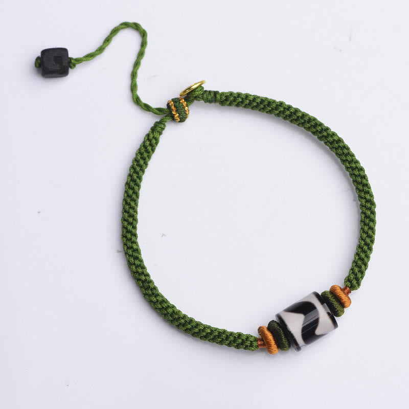 Handmade Tibetan Agate Dzi Bead Braided Green Rope Bracelet